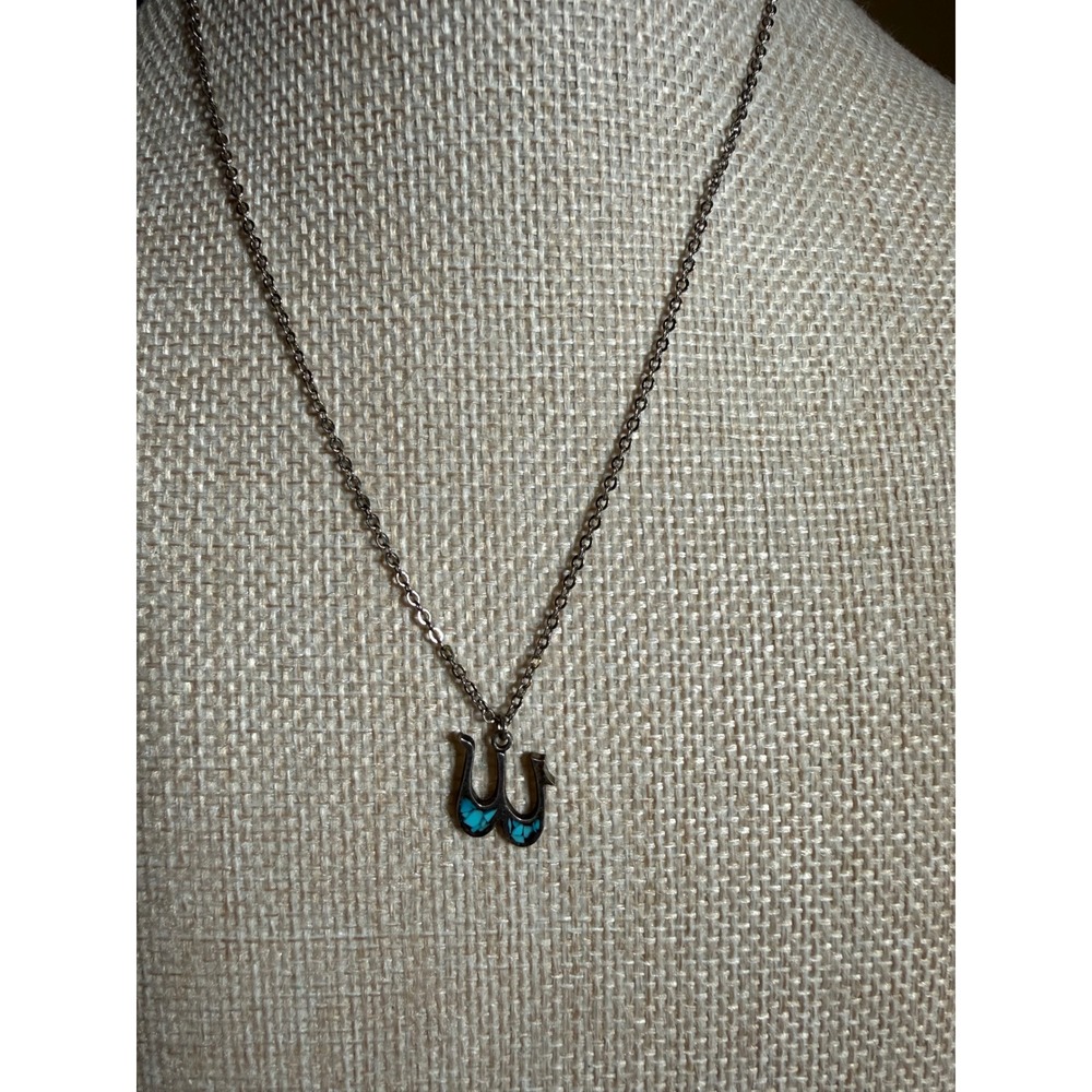 Vintage Initial W Pendant Necklace Silver Tone Blue Turquoise Stone Inlay Boho